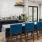 a kitchen with a bar and chairs